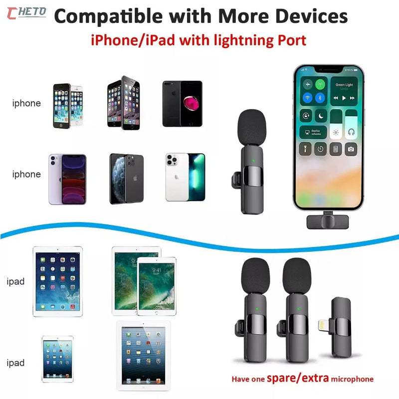 Microfone de Lapela Sem Fio - Compatível com iPhone e Android